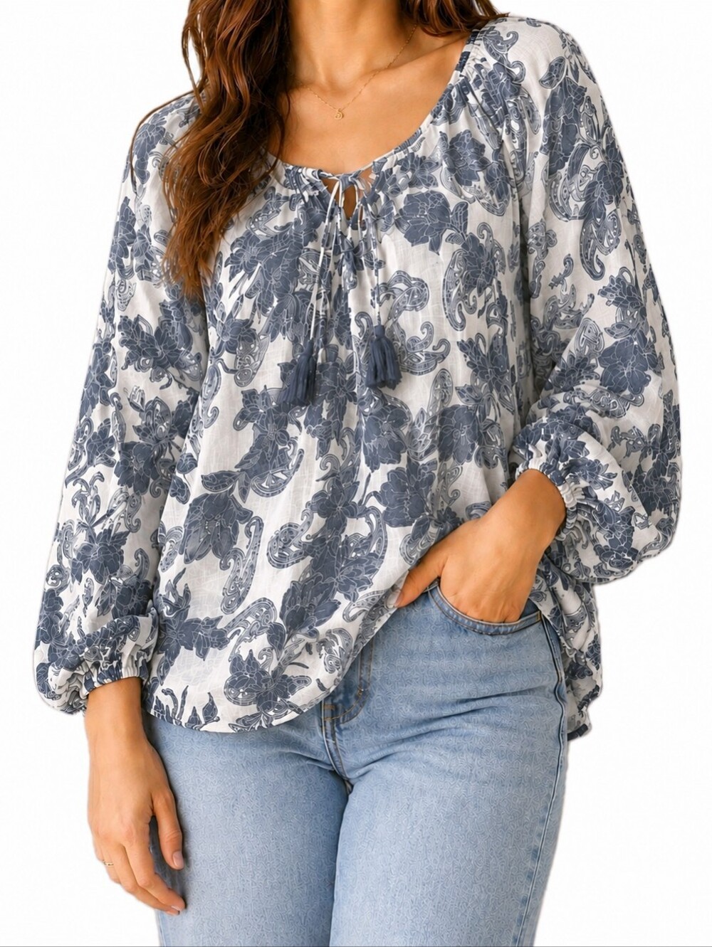 Unique Spectrum Women's Boho Paisley Print Peasant Top Balloon Sleeve Medium